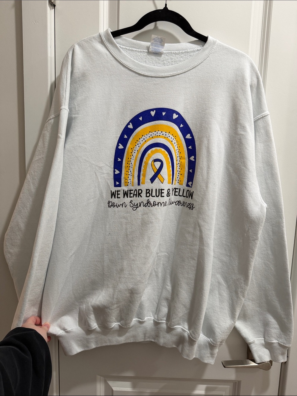 Port and Company White Crewneck with Down syndrome Awareness Rainbow